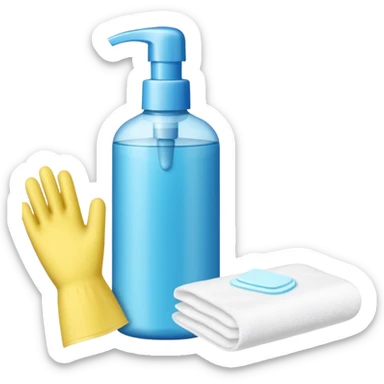 emoji of big (1L) bottle of shampoo, disposable gloves and cotton pads (for makeup) are standing on a table, products look like its always running out, and bran labels to them, make quantity bigger , and i want to see more disposable products sticker