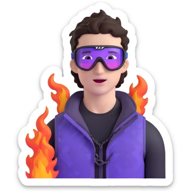 close-up of cool guy male athlete with white skin and moderately curly dark brown hair on top with shaved sides, with one purple ski goggle lens pushed up above his eyes on his forehead, sticking his tongue out of his mouth, a simple plain black chain necklace, and a completely unzipped sleeveless vest with purple and black sequin fire pattern design with no logo sticker