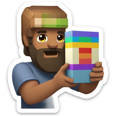 rainbow behind a bearded man holding a minecraft block sticker