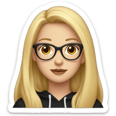 white girl with glasses and long blonde hair and black hoodie and a red doberman sticker