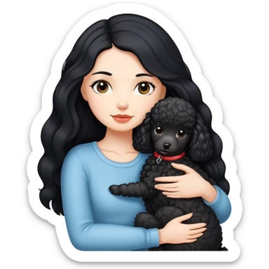 A white girl with long black  hair tightly hugged a Mini poodle sticker