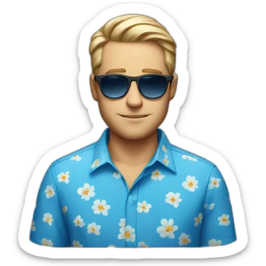 White Man with blue flower shirt an sunglasses lookin away, no beard sticker