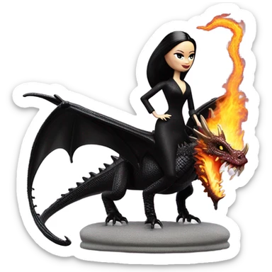 Victorian evening dressed, Morticia Addams Barbie Jedi wearing a mini tiara, riding on the back of a very large black shiny evil-looking fire-spewing horned dragon sticker