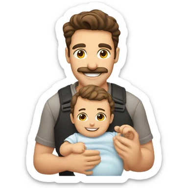 handsome smiling brunette man with mustache holding baby sticker