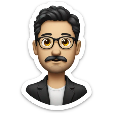 Man with dark hair, mustache and chin beard, roun glasses and cigarett sticker