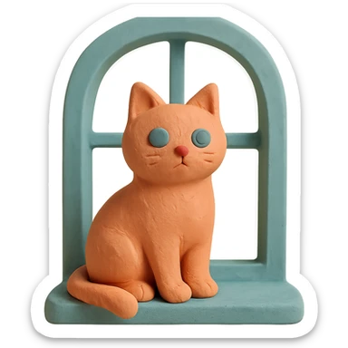 cat sitting on a windowsill, visible fingerprints, soft lighting, pastel colors, matte plasticine claymation style sticker