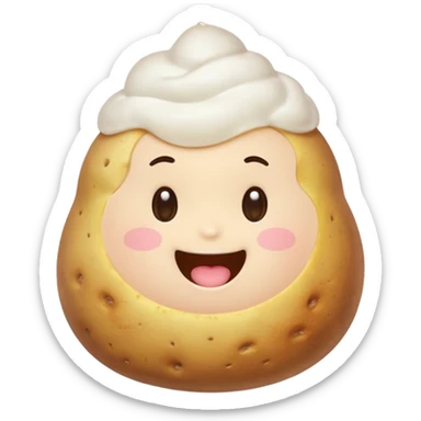 kawaii emoji character with a round face, sparkling eyes, and a happy smile, eating a steaming potato, soft pastel colors, blushing cheeks, LINE/Kakao Friends style sticker