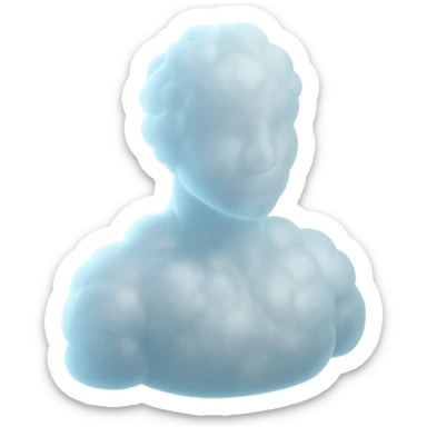 person made entirely of pure white puffy clouds, shoulders up, front view, matte glass style sticker