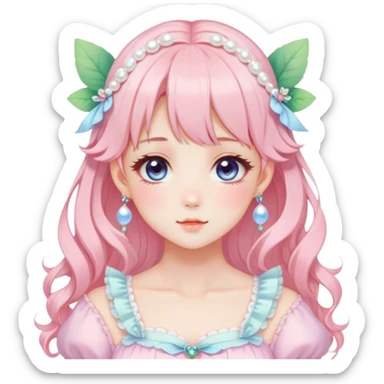Gorgeous anime style lady with blushing face and accessories cottagecore fairycore Kawaii anime colorful pearly romantic aesthetic trending style sticker
