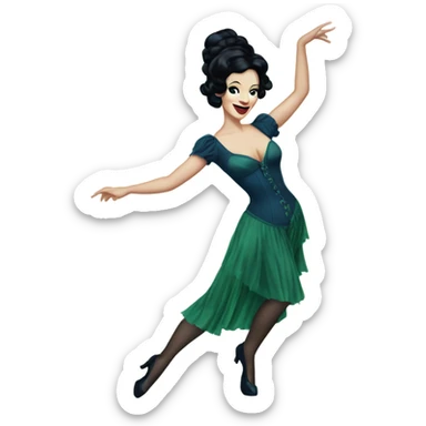 Burlesque dancer with black hair, pale skin, and green eyes in a dark blue vintage costume dancing sticker