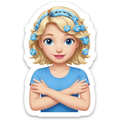 Girl Blonde short wavy hair,  blue eyes, cute blue top, long lashes, pink lips, smiling, making cross arms with arms  sticker