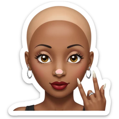 Grown black (proud) woman, bald with a perfect head, a prominent nose with a septum piercing, many piercings on her ears, a gap between her front teeth and very long nails (cynthia erivo) a proud lesbian, with long lashes and her finger tapping her head sticker