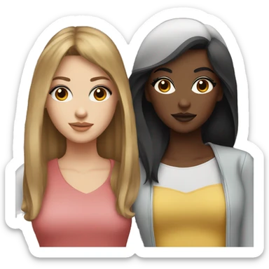 Two white girlfriends. One with brown hair in square, the other with black hair, bangs and a square. In fashionable clothes and beautiful modern makeup sticker