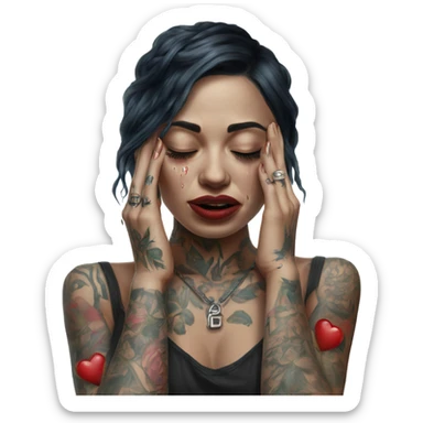 Hyper Realistic Beautiful tattooed woman crying holding a broken heart sticker