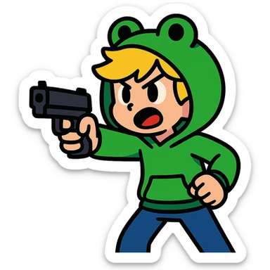 animated boy with blonde hair wearing a frog hoodie, pointing a gun forward, vibrant toon style sticker