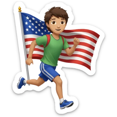 A teen boy with messy brunette hair, running with a fluttering flag behind him. sticker