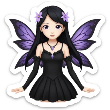 Gothic anime fairy with long beautiful black hair and black dress, pastelcore, sticker