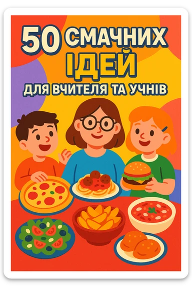 Обкладинка посібника з текстом українською мовою: «50 смачних ідей для вчителя та учнів». Мультяшний стиль, акцент на різноманітних стравах, барвистий фон, дружня атмосфера, великі літери. sticker