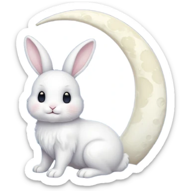 a white bunny in the foreground (no small details) and a large crescent moon in the background sticker