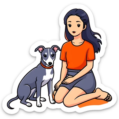 A very beautiful and attractive 25-year-old Chinese woman with long flowing black hair and a SOLID DARK GREY whippet sitting together on a beach during a beautiful sunset. The whippet MUST be COMPLETELY SOLID DARK GREY with ABSOLUTELY NO WHITE MARKINGS ANYWHERE - no white chest, no white face, no white paws, no white tip on tail - ENTIRELY ONE SOLID DARK GREY COLOR throughout the entire dog. Orange and red sunset sky over the ocean, sandy beach in the foreground. sticker