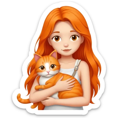 Fair skin girl with long hair - white sling - hugging a orange cat sticker
