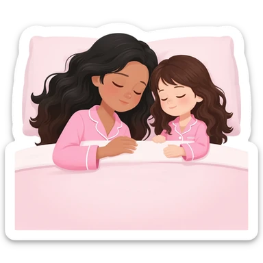 Black hair brown girl with long wavy black hair with brown eyes and sleeping with cute little girl with long wavy hair dark color with fair skin in matching pink pijamas in white bed sticker