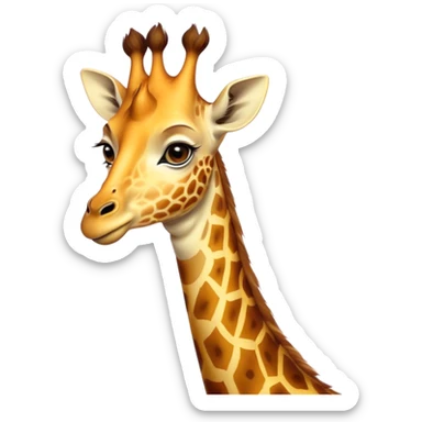 Cinematic Noble Giraffe Portrait Emoji, Poised and regal, with a towering, elegant build and a stunning, patterned Fur of warm yellows and browns, long, graceful neck and soulful, gentle eyes, Simplified yet sharp and sophisticated features, highly detailed, glowing with a soft, dignified glow, high shine, intelligent and graceful, stylized with an air of savannah majesty, focused and attentive, soft glowing outline, capturing the essence of a watchful and confident giant, so majestic it feels as though it could stretch out of the screen with effortless authority! sticker