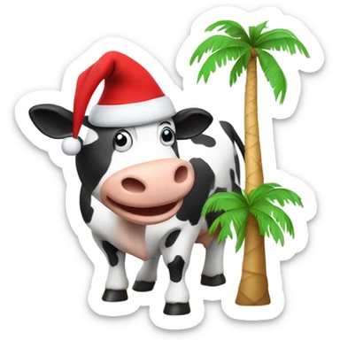 a cow riding a palm tree in a santa hat sticker