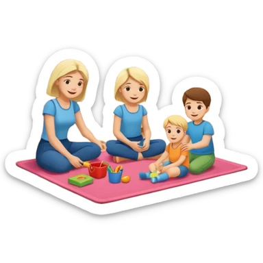 create a flat illustration of a children's room where the mother is sitting on the floor and two children are playing nearby sticker