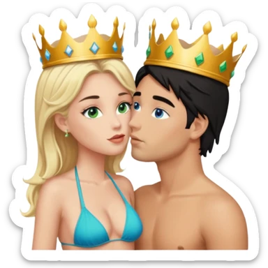 Blonde Queen with crownGreen eyes in Bikini kissing Male subject without crown black hair blue eyes Background sky sticker