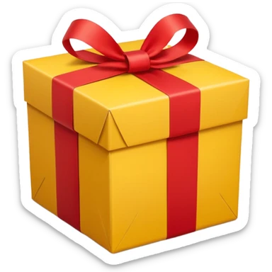 box with yellow wrapping paper and a length of red ribbon surrounding it on the ground so you can see most of the box sticker