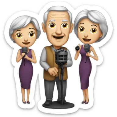 old man and woman with microphones podcasters sticker