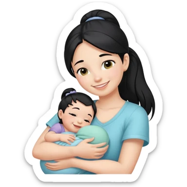 black Ponytail girl hugs a newborn baby and a girl sticker