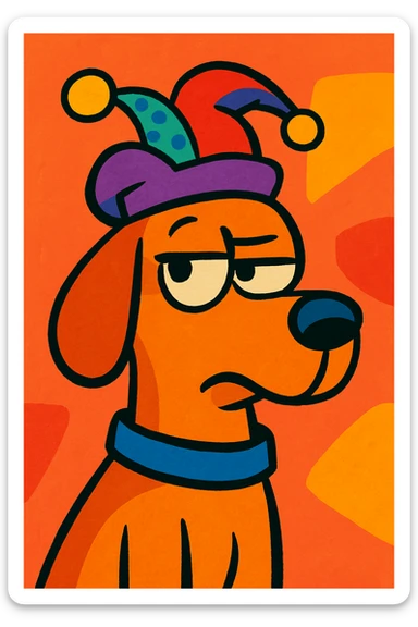 a dog giving a side eye, wearing a funny hat, playful and expressive style, vibrant colors, cartoon illustration sticker