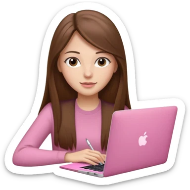 Mujer lacia peli larga y peli larga  en una MacBook rosa investigando y haciendo tareas con un libro de apuntes y con cara muy linda como modelo sticker