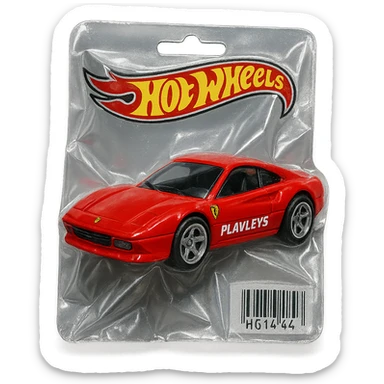 red Ferrari with 'PLAVLEYS' text on the side, packaged in a Hot Wheels blister pack, shiny and inflated, no background sticker