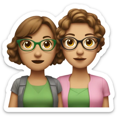 two women with short brown hair, holding hands, one woman is wearing glasses and wearing green, the other woman is wearing pink sticker