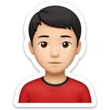 asian boy teenager black short hair red shirt sticker