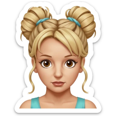 Britney Spears with big dead pan brown eyes and messy bun updo with lots of hairs hanging out. Headshot. sticker