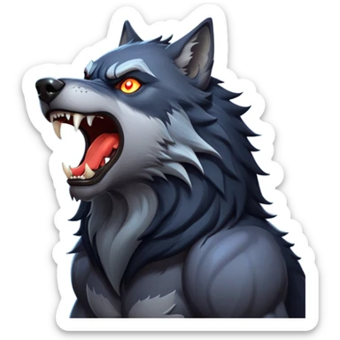 cinematic-noble-fierce-werewolf-howling-portrait-emoji, poised-and-imposing, with a fierce wolfish face tilted upwards in a haunting howl, glowing eyes full of primal ferocity, sharp, and a rugged snout, fur rippling in shades of midnight black and silver, muscles tensed as the powerful howl echoes beneath the moonlit sky; rendered with realism, capturing the raw, untamed power of the beast in its wild, primal state sticker