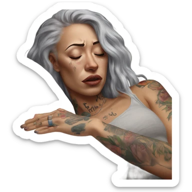 Hyper Realistic Beautiful tattooed woman crying holding a tissue lying on her sofa  sticker