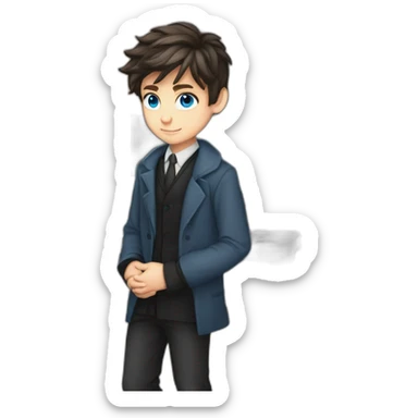 Blue eyes, Classy programmer, 13 years old, coat, formal outfit, pc in hands, brunette boy, uses pc stays on pc, black coat, has pc in hands, all body see sticker