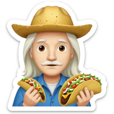 man holding taco with long white hair and cap sticker