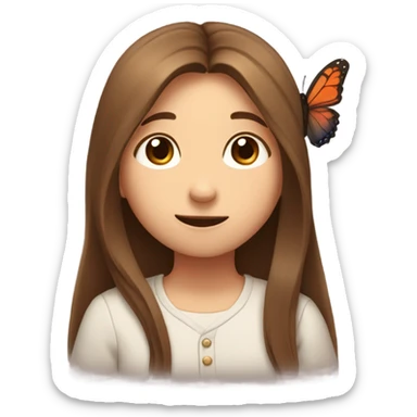 shy uwu  long brown hiar emojis with flower and butterfly sticker