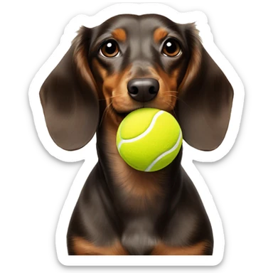 Brown and light brown long hair miniature dachshund with tung out and balancing a tennis ball on his head sticker