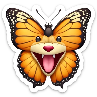 Cinematic Realistic Cute Yawning monarch Butterfly Portrait Emoji, Head tilted slightly with a dramatic, wide-open yawn, showcasing soft, downy ruby wings with gentle droop and half-closed, drowsy eyes rendered in exquisite natural detail, high shine, relaxed yet expressive, styled with a dash of delicate floral charm, soft glowing outline, capturing the essence of a sleepy yet affectionate red butterfly that appears ready to rest its vibrant wings in quiet slumber! sticker