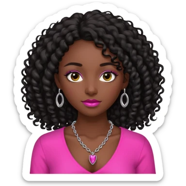 Dark skin girl with long black curly hair with 4 edges 2 on each side wearing a hot pink v-cut neckline shirt with a simple silver necklace sticker