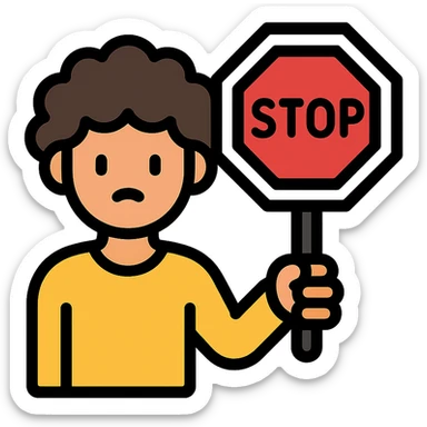 brunette person with curly hair holding a stop sign, color outline icon sticker