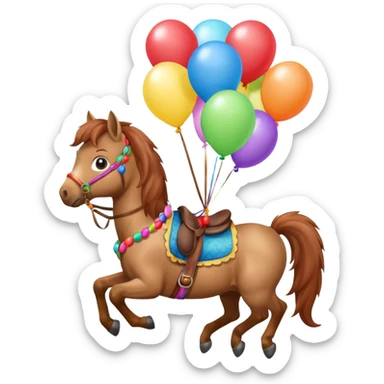A small pony holding colorful balloons tied to its saddle, looking cheerful. sticker