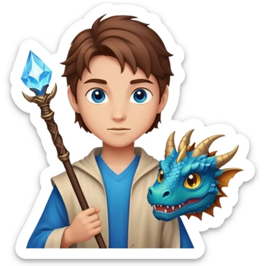 teenager with brown hair, blue eyes, magic staff, part dragon, tall, and strong sticker